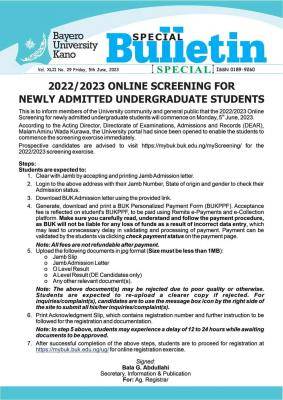 BUK online screening for newly admitted students, 2022/2023
