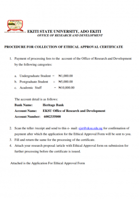 EKSU notice on ethical approval certificate