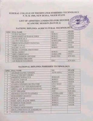 Federal College of Fresh Water Fisheries Technology Batch A admission list, 2023/2024