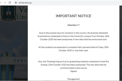 Veritas University important notice to students