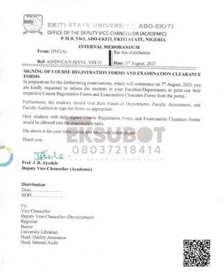 EKSU notice on signing of course registration and examination clearance forms