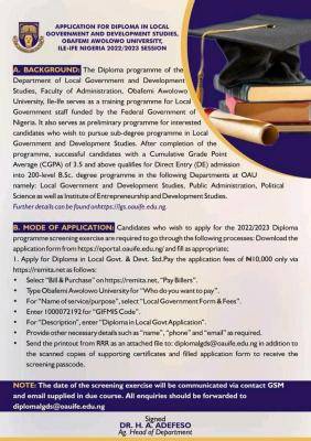 OAU application for Diploma in Local Government & Development Studies, 2022/2023