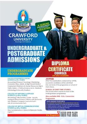 Crawford University Postgraduate Admission form, 2026/2027