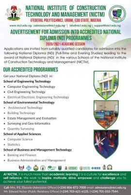 National Institute of construction Technology, Uromi ND admission, 2020/2021