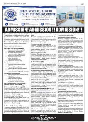 Delta State College of Health Tech. Ovrode ND/Certificate Programme Admission form, 2026/2027
