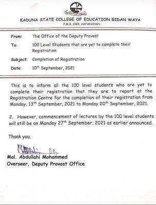 Kaduna State College of Education notice to 100L Students yet to complete registration