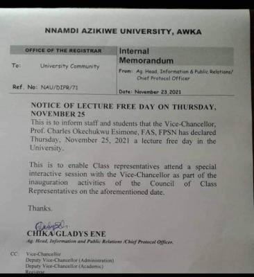 UNIZIK notice on lecture free day