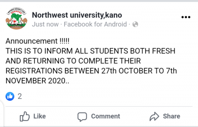 Northwest University Kano notice to students on completion of course registration