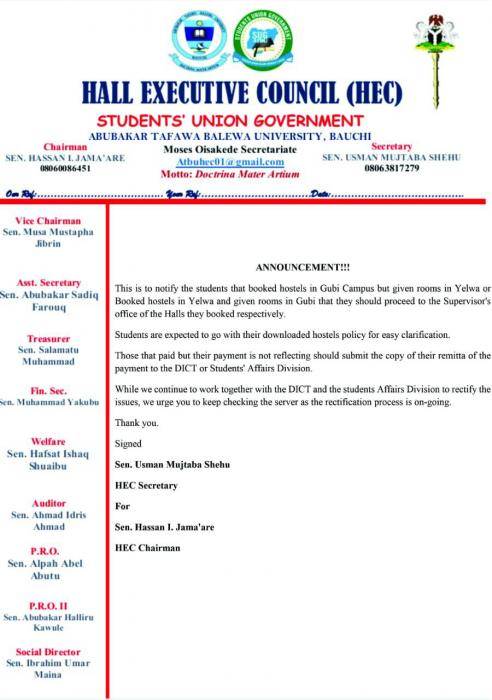 ATBU SUG important notice to students who were not given the hostel they booked