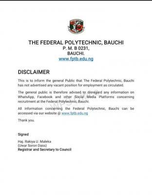 Fed Poly Bauchi disclaims recruitment advert
