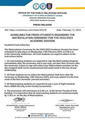 UNILORIN SUG guidelines for fresh students regarding the matriculation ceremony for the 2022/2023 academic session