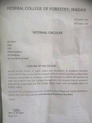 Federal College of Forestry, Ibadan notice on closure of the College