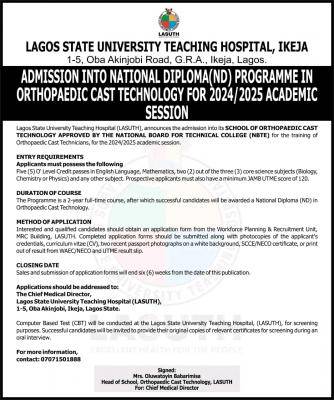 LASUTH admission into ND Orthopaedic Cast Technology, 2024/2025