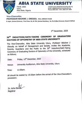 ABSU announces 30th induction/oath taking ceremony for optometry graduands