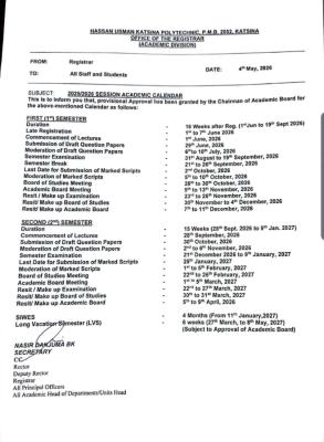 Hassan Usman Polytechnic, Katsina releases approved academic calendar, 2025/2026