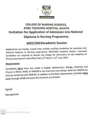 ATBUTH School of Nursing National Diploma admission, 2022/2023