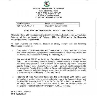 FUKashere notice of Matriculation ceremony, 2023/2024