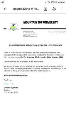 Mountain Top University reschedules resumption for 300-500 level students