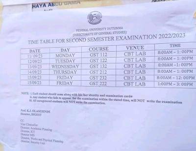 FUDutsinma releases GST 2nd semester exam timetable, 2022/2023