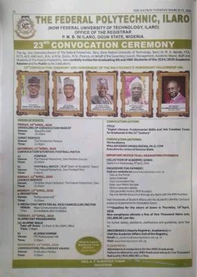 Federal Polytechnic, Ilaro 23rd convocation events and instructions to graduands