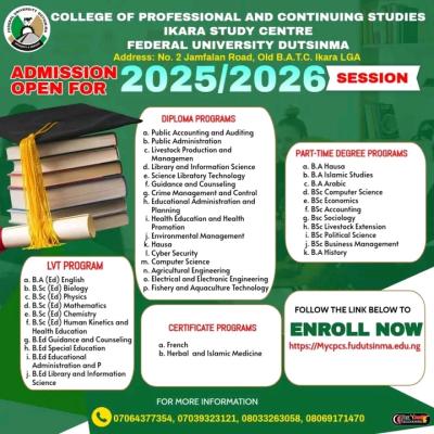 FUDutsinma College of Professional and Continuing Studies admissions, 2025/2026