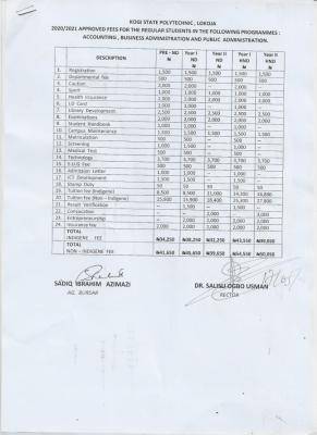 Kogi Poly approved school fees for regular students, 2020/2021
