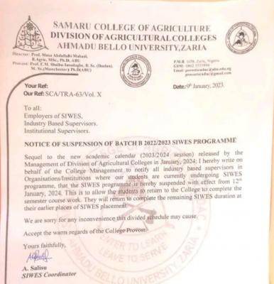 Samaru College of Agric, ABU Zaria notice of suspension of batch B SIWES programme, 2022/2023