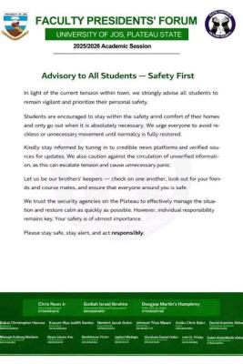UNIJOS Students Forum safety notice to students