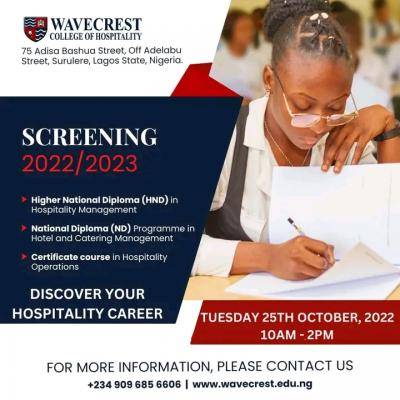 Wavecrest College of Hospitality next batch admission screening exercise, 2022/2023
