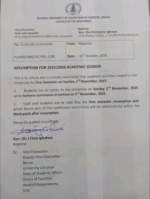 Federal University of Allied Health Sciences, Enugu announces resumption date for 2025/2026 session