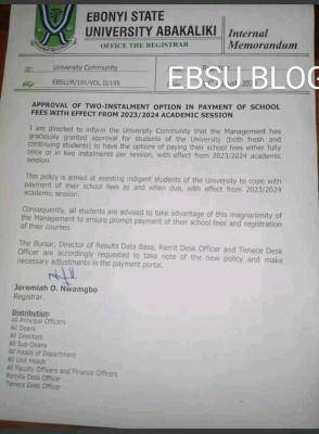 EBSU approval of two instalment option in payment of school fees, 2023/2024