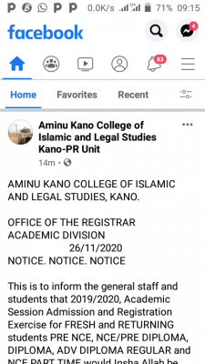 Aminu Kano College of Islamic and Legal Studies notice on 2019/2020 registration deadline