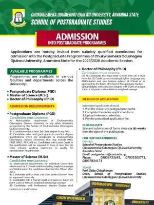 COOU Postgraduate Applications, 2025/2026
