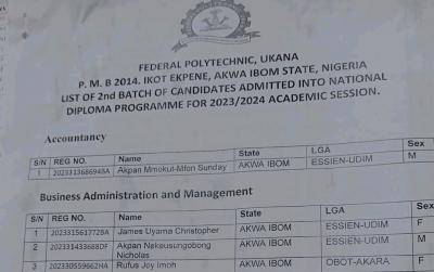 Federal Polytechnic Ukana 2nd batch ND Admission List, 2023/2024
