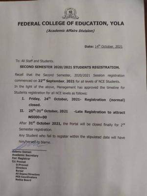 FCE, Yola notice on second semester registration, 2020/2021