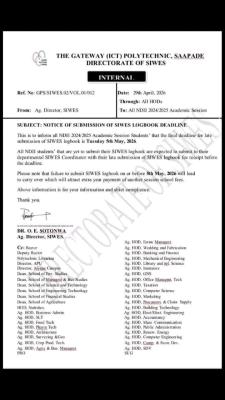 Gateway ICT Polytechnic, Saapade notice on deadline for submission of SIWES Logbooks