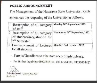 NSUK announces resumption of academic activities