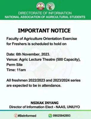 UNIUYO NAAS orientation programme for Faculty of Agriculture freshers