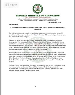 FG reviews curricula of Basic, Senior Secondary And Technical Education