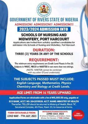 Rivers State School of Nursing and Midwifery admission form for 2023/2024 session