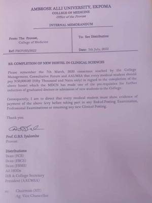 AAU Ekpoma notice to medical students on new hostel payment