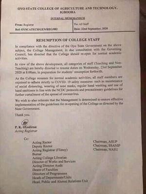 Oyo State College Of Agricultural and Technology Igboora announces resumption date staff