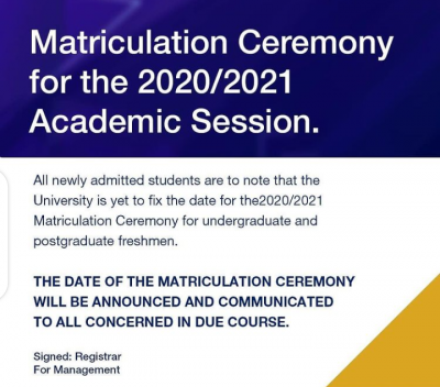 BIU notice on matriculation ceremony for 2020/2021 session