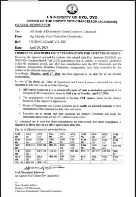 UNIUYO announces April 27 for rescheduled CBT exams for affected students