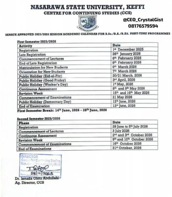 NSUK Part-Time (Weekend Programme) Academic Calendar, 2025/2026
