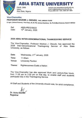 ABSU announces lecture free-hours for 2026 inter-denominational service