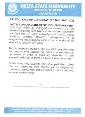 DELSU notice on extension of deadline for school fees payment