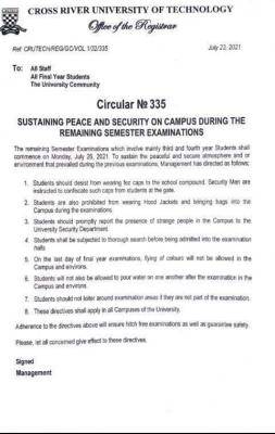 CRUTECH notice on maintaining peace and security during the remaining exam