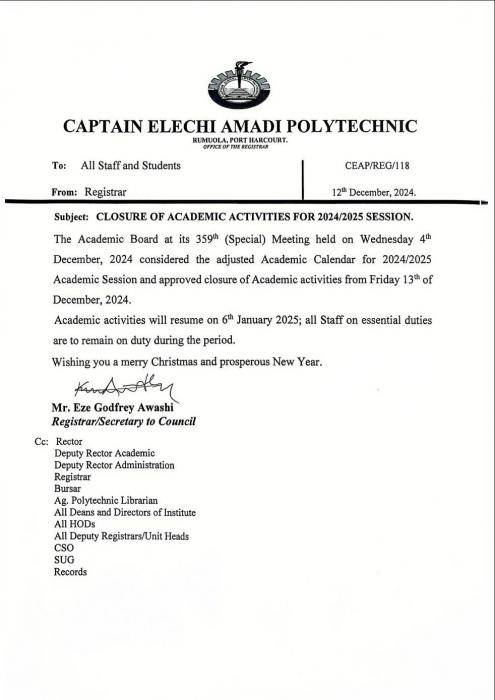 Captain Elechi Amadi Poly notice on closure of academic activities for the 2024/2025 session