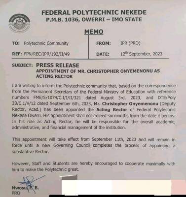 Fed Poly, Nekede appoints acting Rector